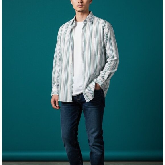 J Crew Mens Size L Striped Button Down Shirt 2-Ply Cotton Green Blue Pink White - Picture 3 of 9